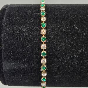 Vintage Gold-Tone Tennis or Ankle Bracelet Green & Clear Rhinestones 6.5"